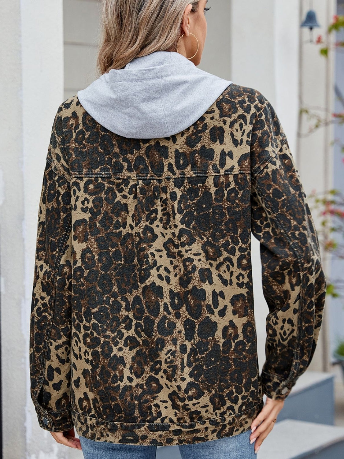 Pocketed Leopard Long Sleeve Denim Jacket - felvior