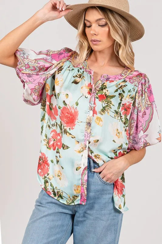 SAGE+FIG Plus Size Floral Mineral Wash French Terry Button Up Shirt