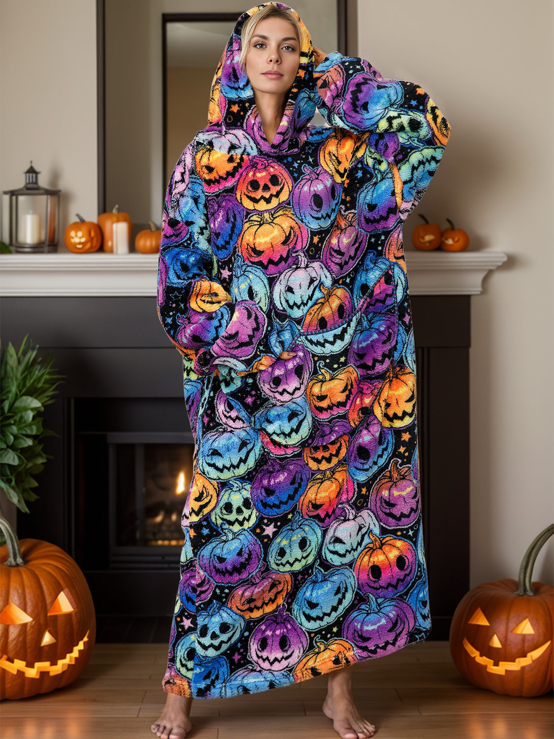 Fuzzy Pocketed Long Sleeve Hooded Lounge Dress - felvior