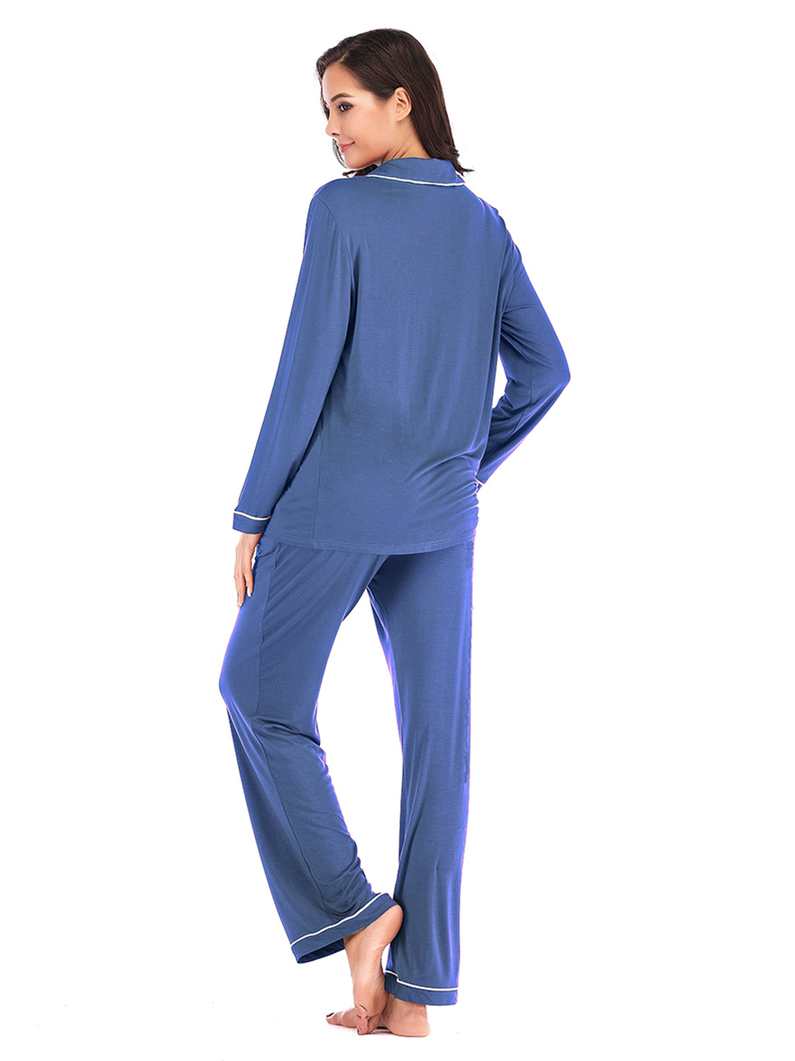 Collared Neck Long Sleeve Loungewear Set with Pockets - felvior