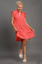 Umgee Full Size Johnny Collar Ruffle Cap Sleeve Tiered Dress Plus Size