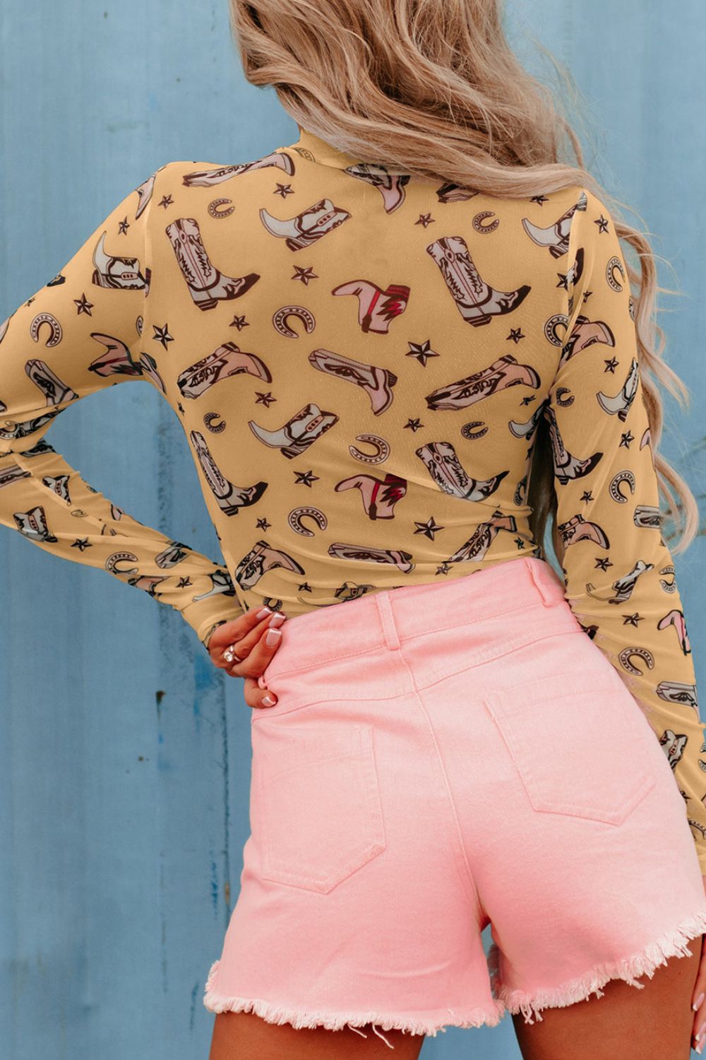 Printed Mock Neck Long Sleeve Bodysuit - felvior