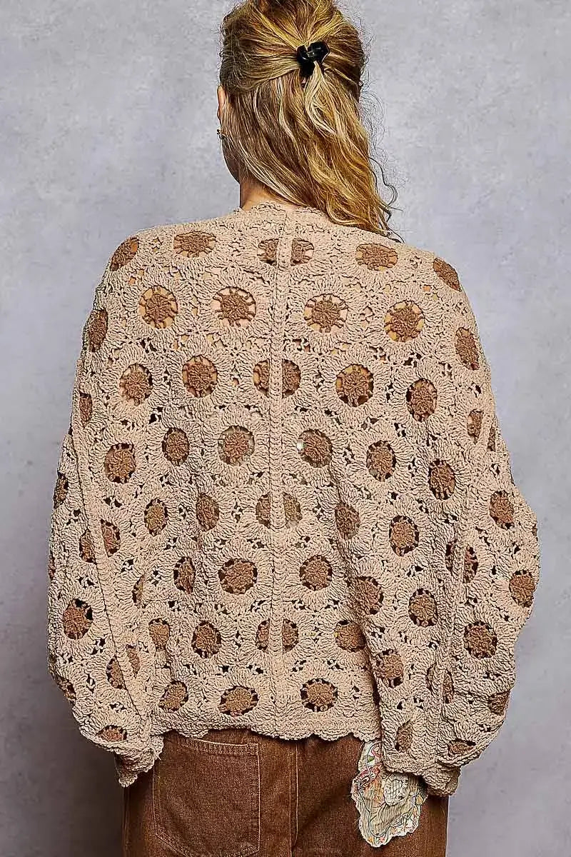 POL Openwork V-Neck Chenille Cardigan with Contrast Floral