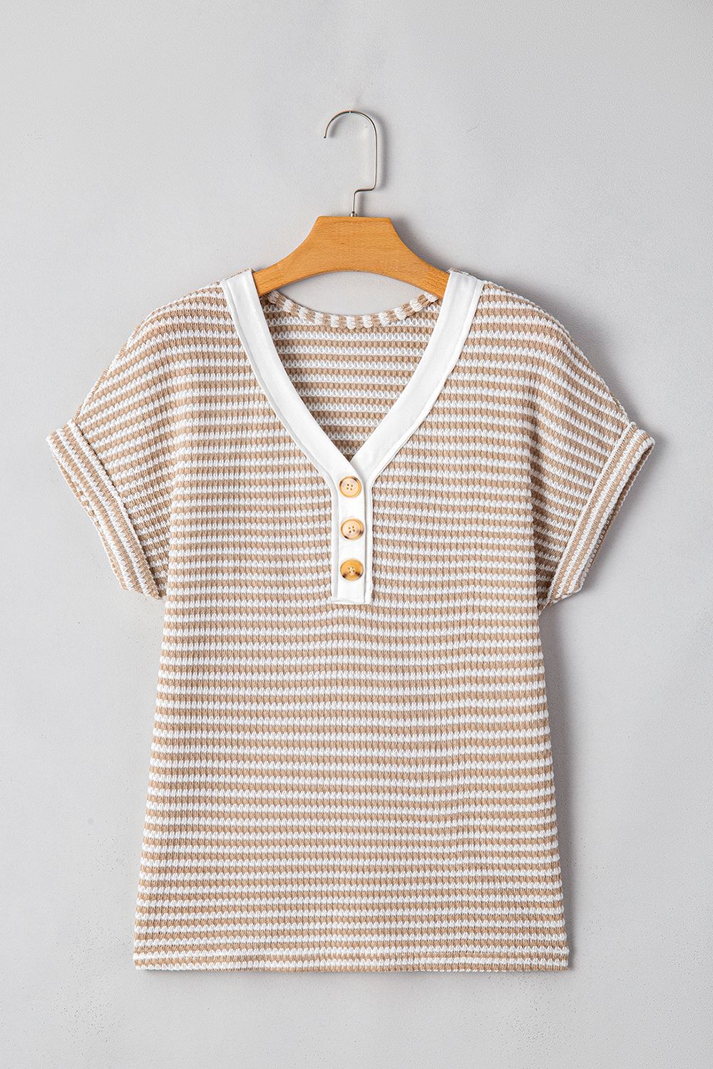 Stripe Buttoned Front V Neck T Shirt
