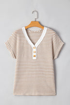 Stripe Buttoned Front V Neck T Shirt