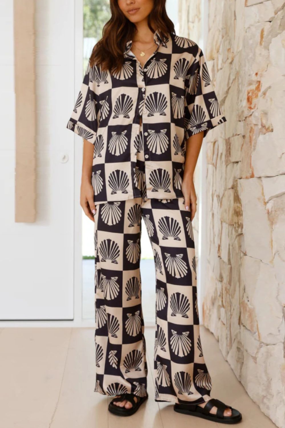 Printed Collared Neck Top and Wide Leg Pants Set - felvior