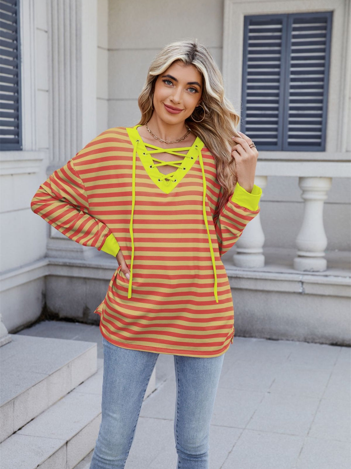 Lace-Up Striped Long Sleeve T-Shirt