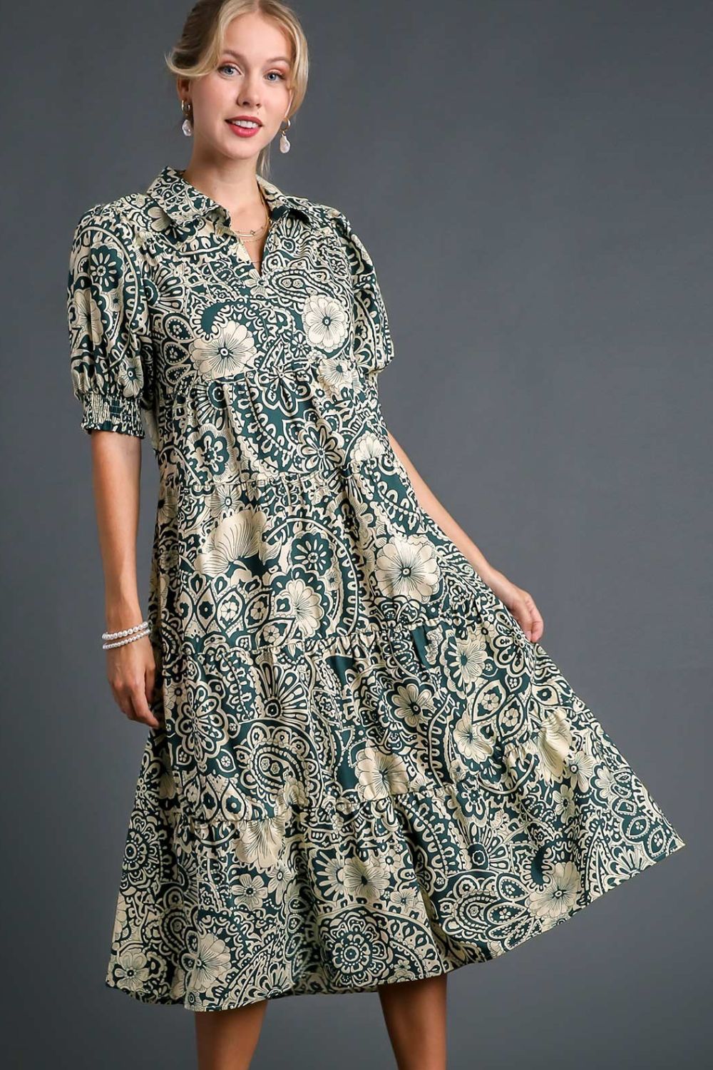 Umgee Full Size Printed Smocked Cuff Puff Sleeve Midi Dress Plus Size - felvior