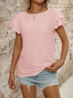 Eyelet Round Neck Double Layered Ruffled Short Sleeve Top