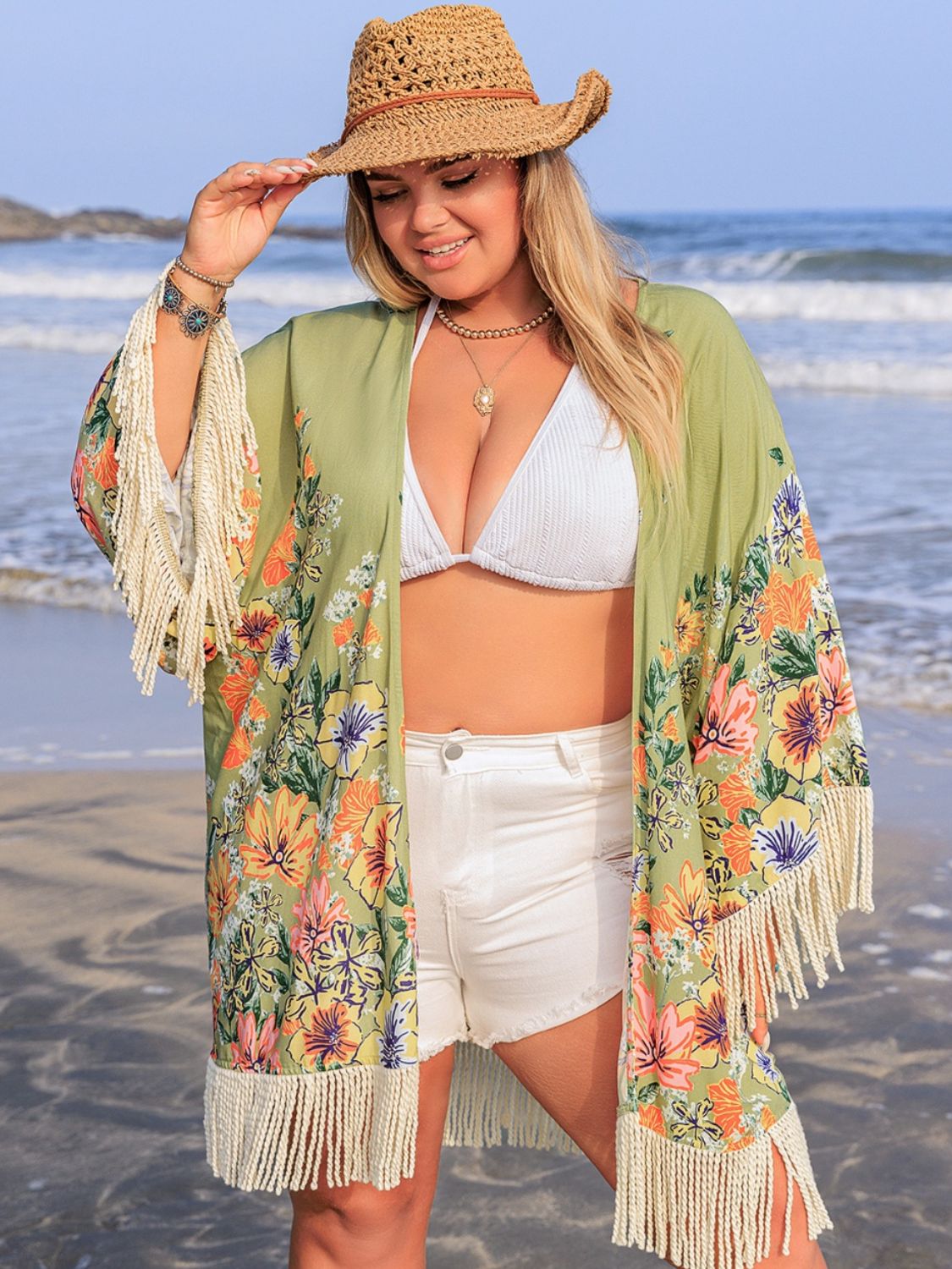 Plus Size Fringe Open Front Cover-Up - felvior