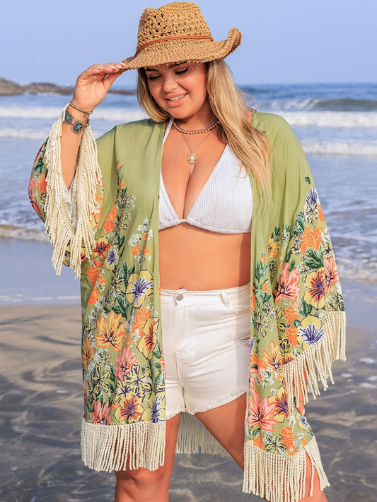 Plus Size Fringe Open Front Cover-Up - felvior