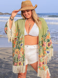 Plus Size Fringe Open Front Cover-Up - felvior