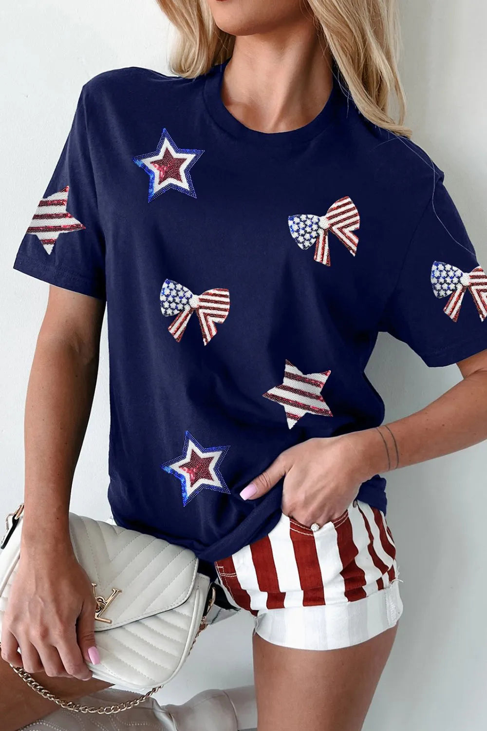 Sequin Star Round Neck Short Sleeve T-Shirt
