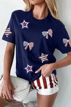 Sequin Star Round Neck Short Sleeve T-Shirt