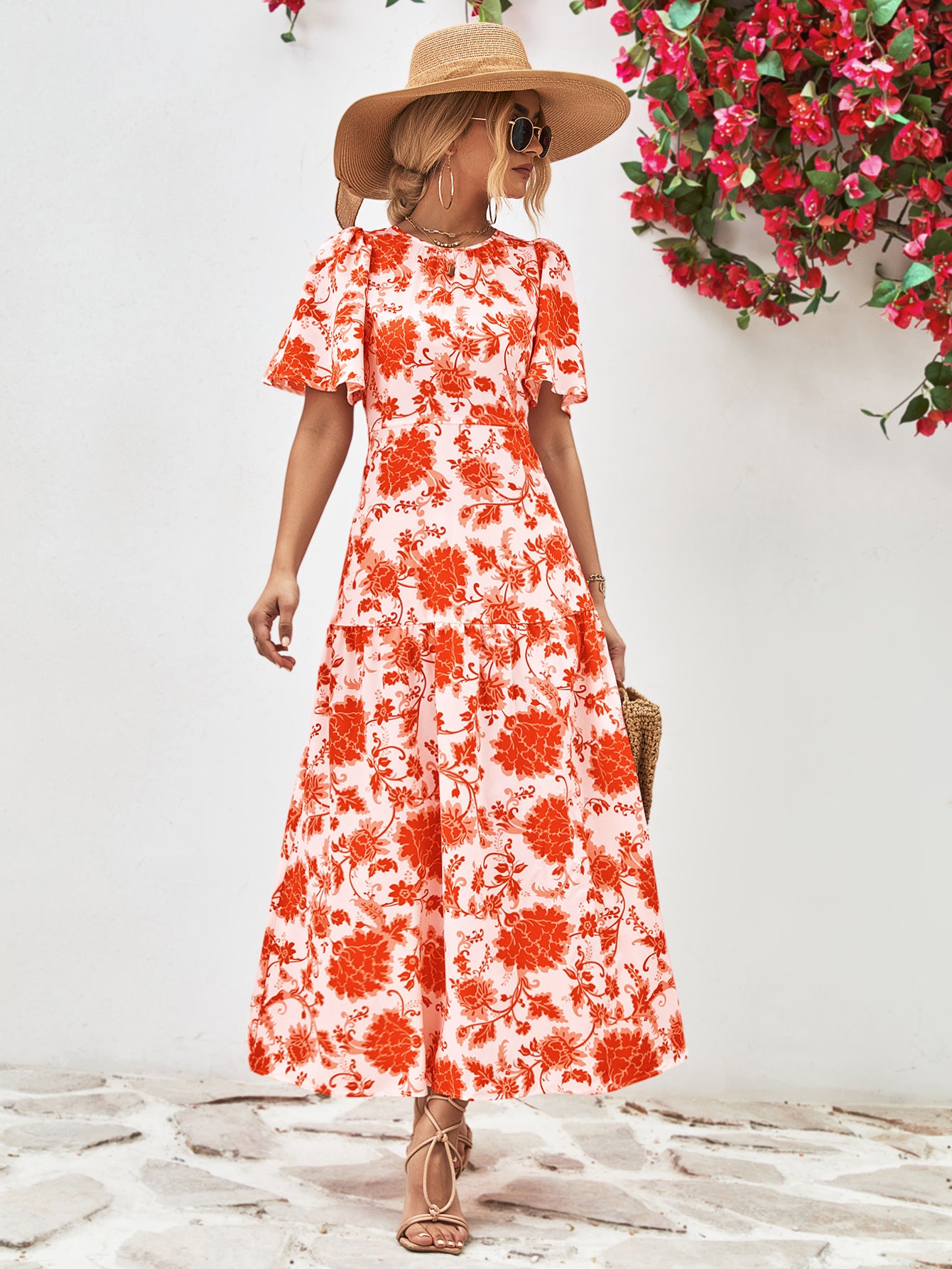 Floral Round Neck Tied Open Back Dress - felvior