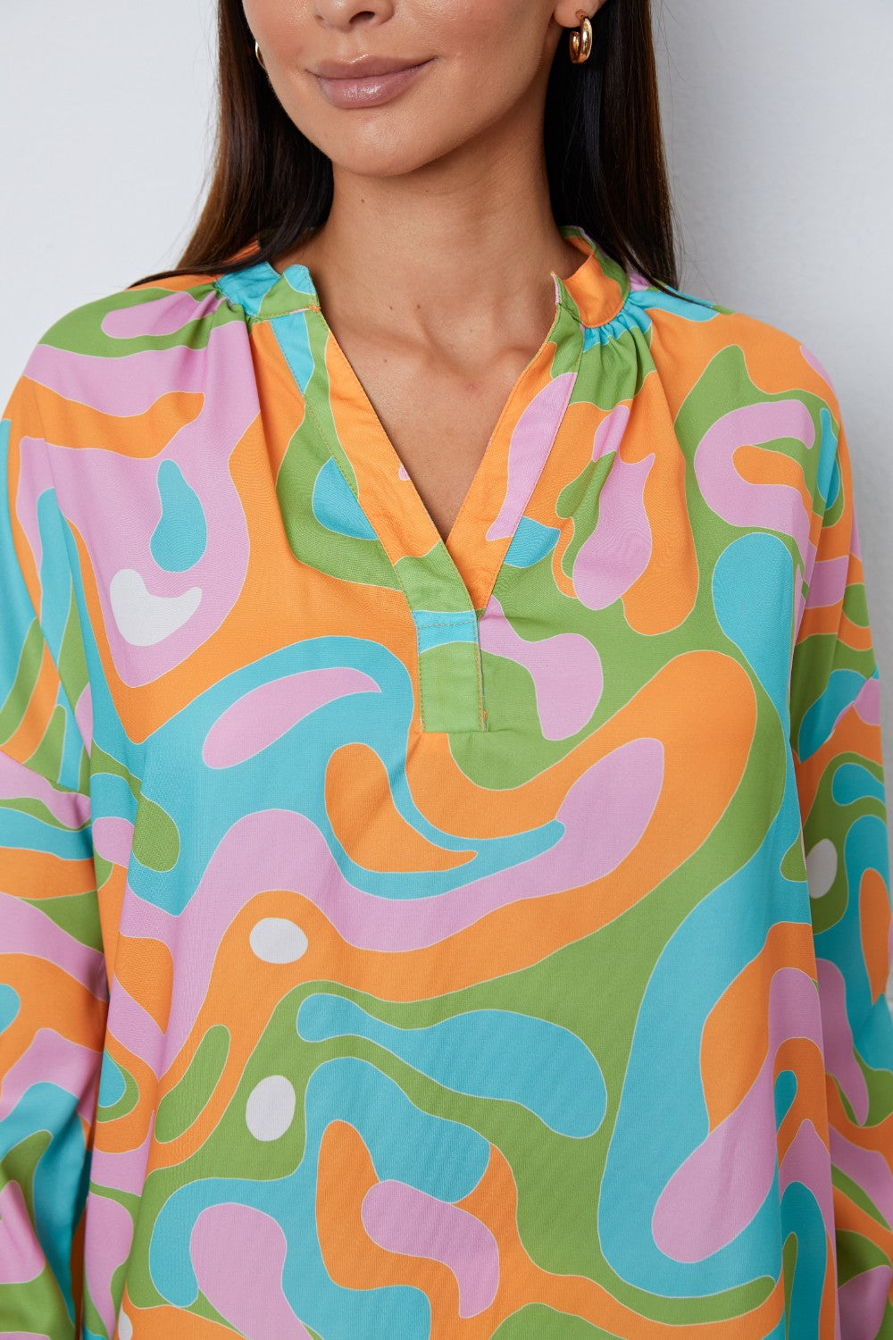 Printed Notched Long Sleeve Blouse - felvior