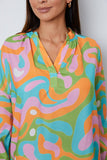 Printed Notched Long Sleeve Blouse - felvior