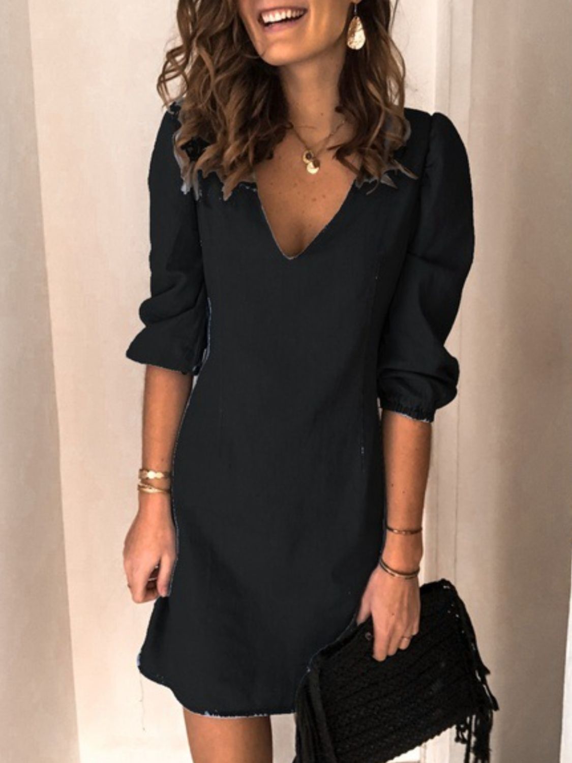 Full Size V-Neck Half Sleeve Dress - felvior