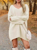 V-Neck Dropped Shoulder Sweater Dress - felvior