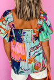 Printed Square Neck Ruffled Short Sleeve Blouse - felvior