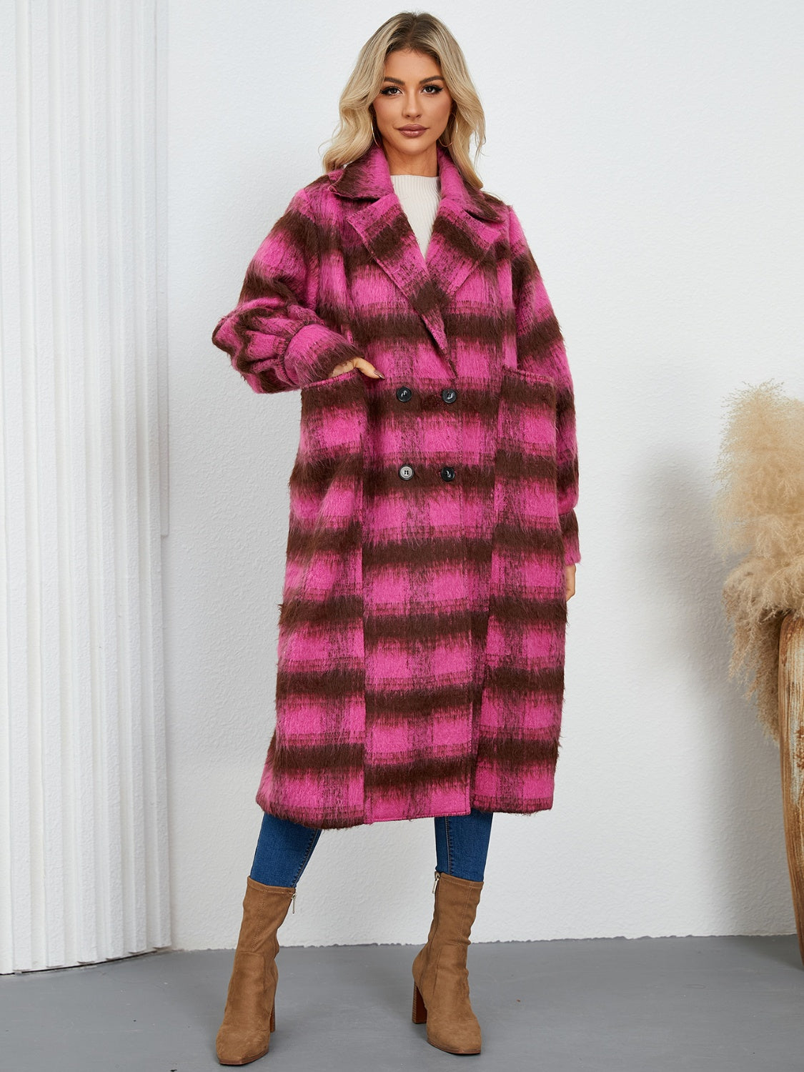 Contrast Double-Breasted Long Sleeve Longline Coat - felvior