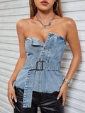 Frayed Hem Button Detail Tube Top - felvior