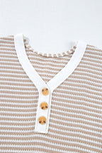 Stripe Buttoned Front V Neck T Shirt