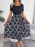 Printed Round Neck Pleated Dress - felvior
