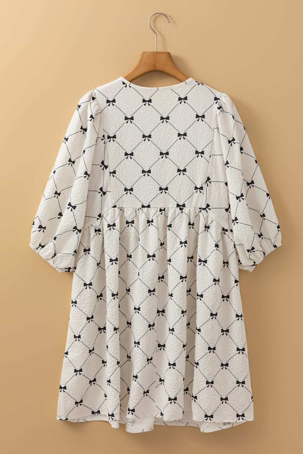 Bow Print Tie Neck Half Sleeve Dress - felvior
