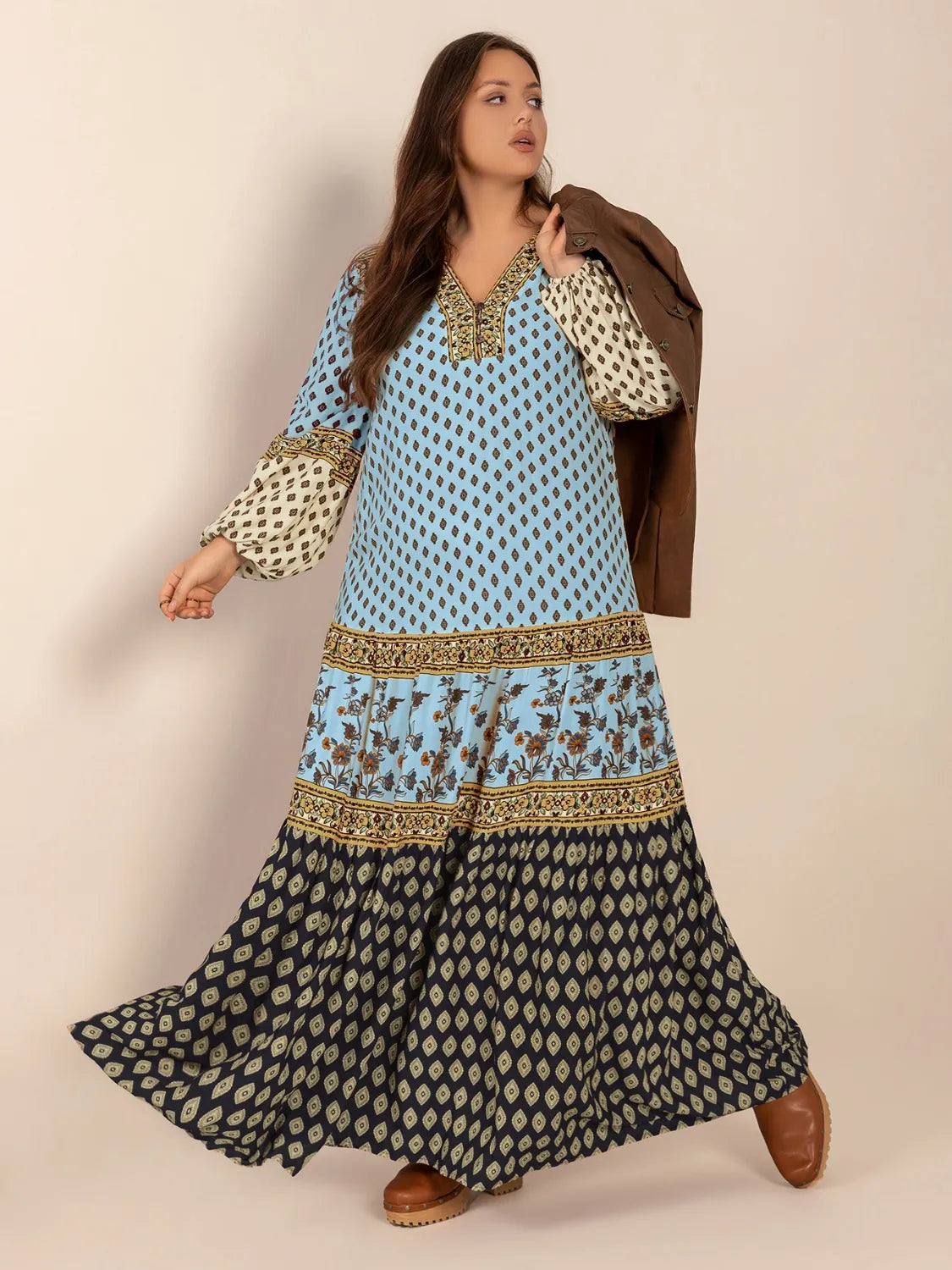 Plus Size Printed V-Neck Balloon Sleeve Maxi Dress