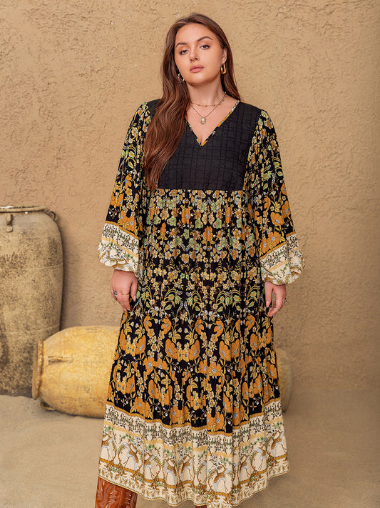 Plus Size Floral V-Neck Balloon Sleeve Midi Dress - felvior