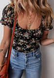 Printed Scoop Neck Short Sleeve Bodysuit - felvior