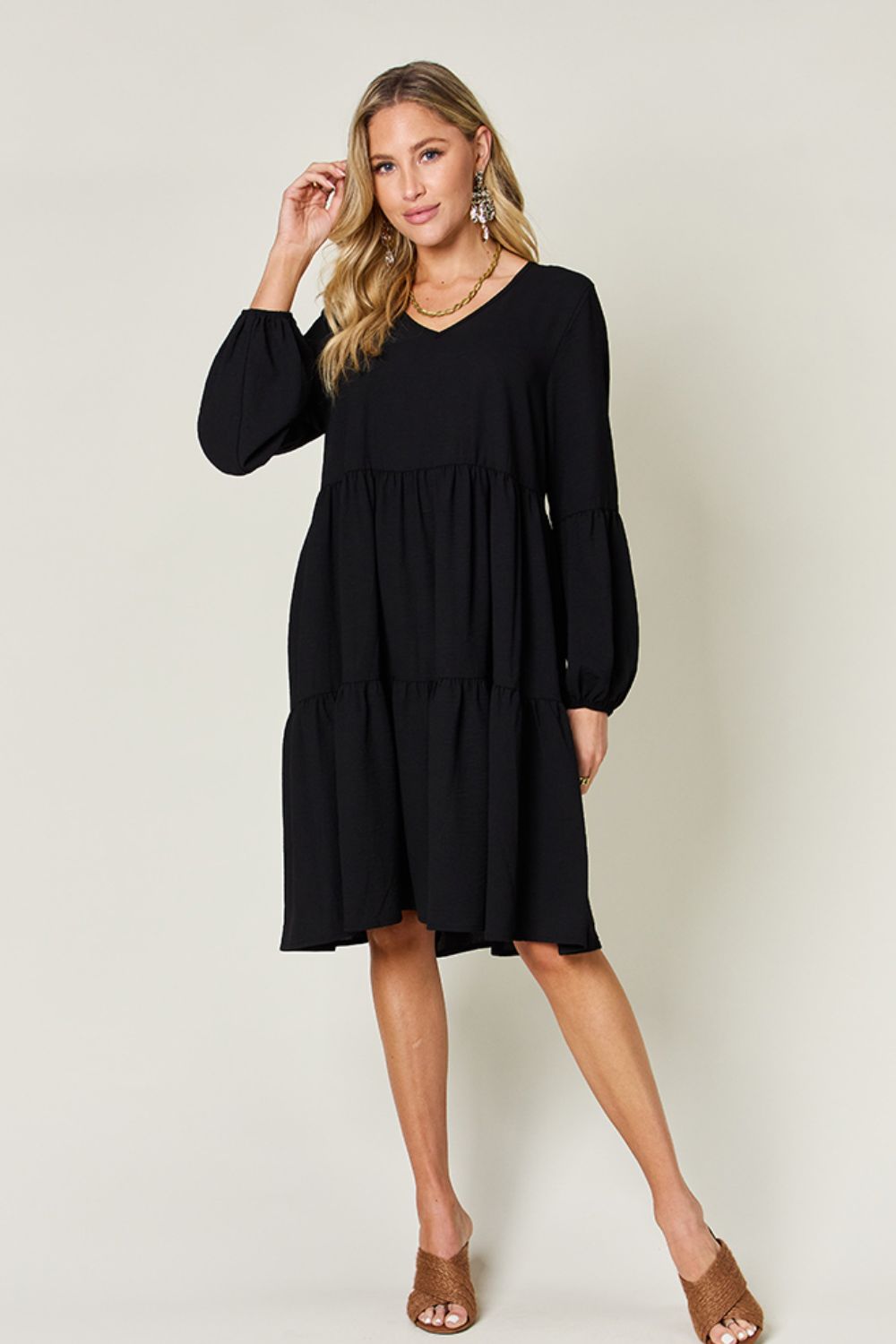 Double Take Full Size V-Neck Balloon Sleeve Tiered Dress with Pockets - felvior