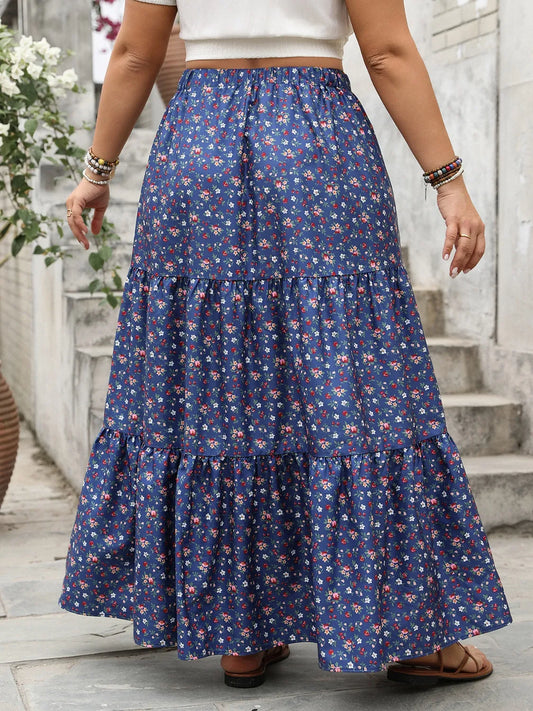 Plus Size Floral Elastic Waist Maxi Skirt - felvior