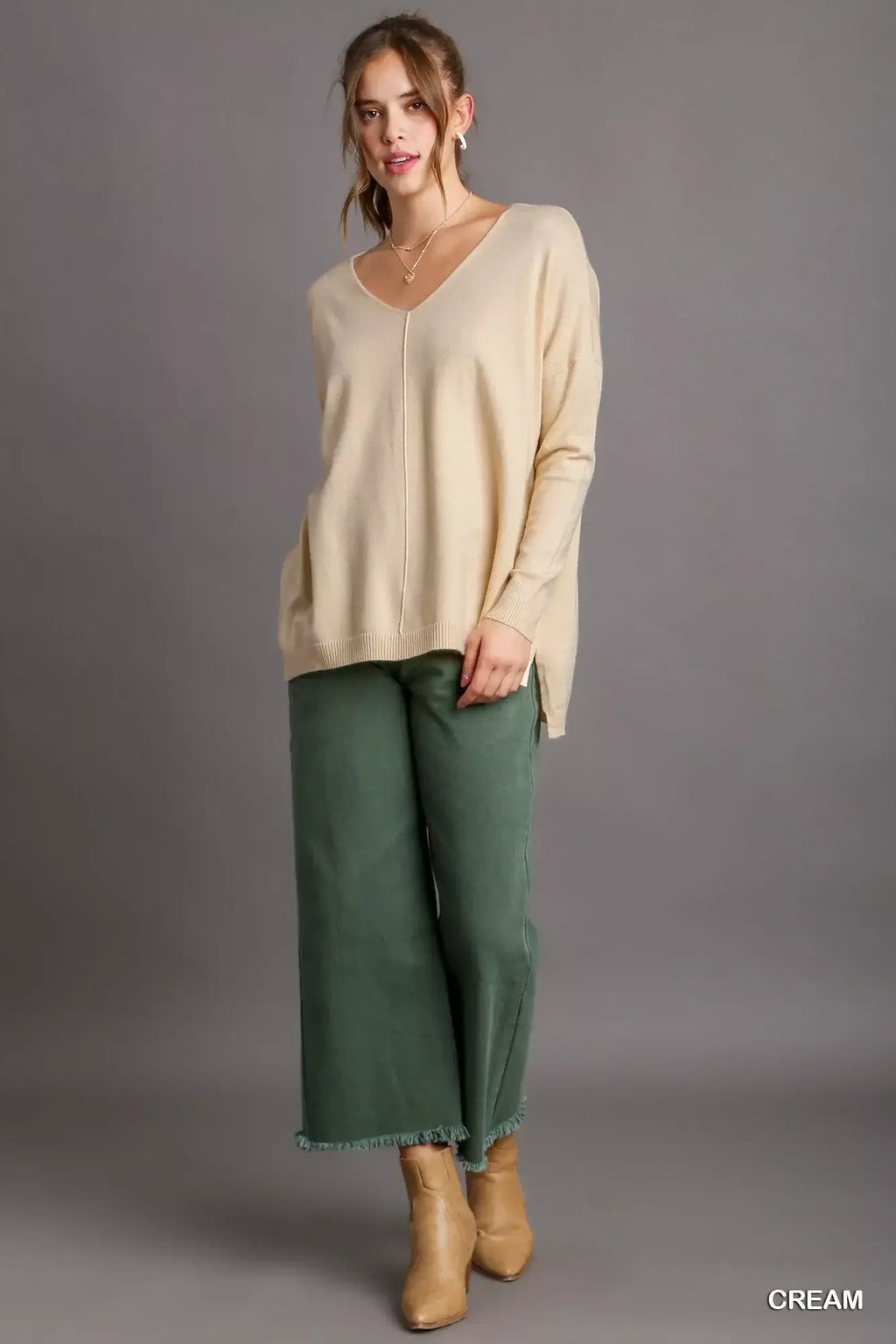 Umgee V-Neck High Low Hem Knit Top with Side Slit