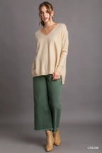 Umgee V-Neck High Low Hem Knit Top with Side Slit