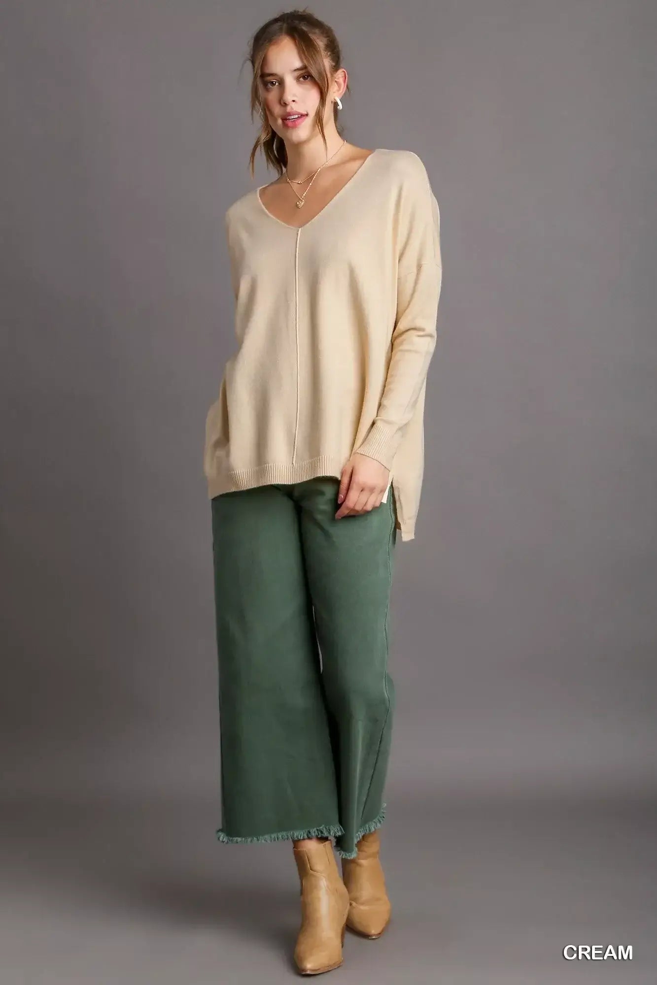 Umgee V-Neck High Low Hem Knit Top with Side Slit