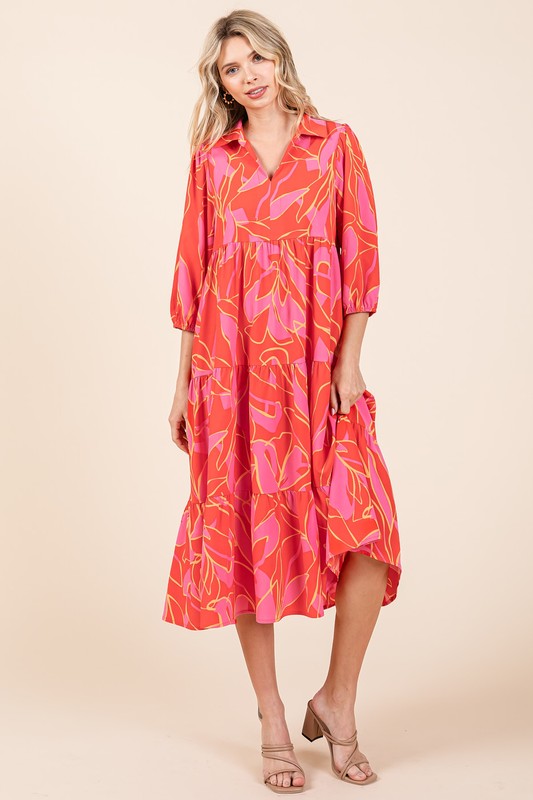 Mittoshop Tiered Printed Collared Neck Midi Dress - felvior