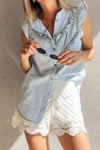 Frill Button Down Ruffled Cap Sleeve Denim Top