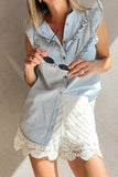 Frill Button Down Ruffled Cap Sleeve Denim Top - felvior