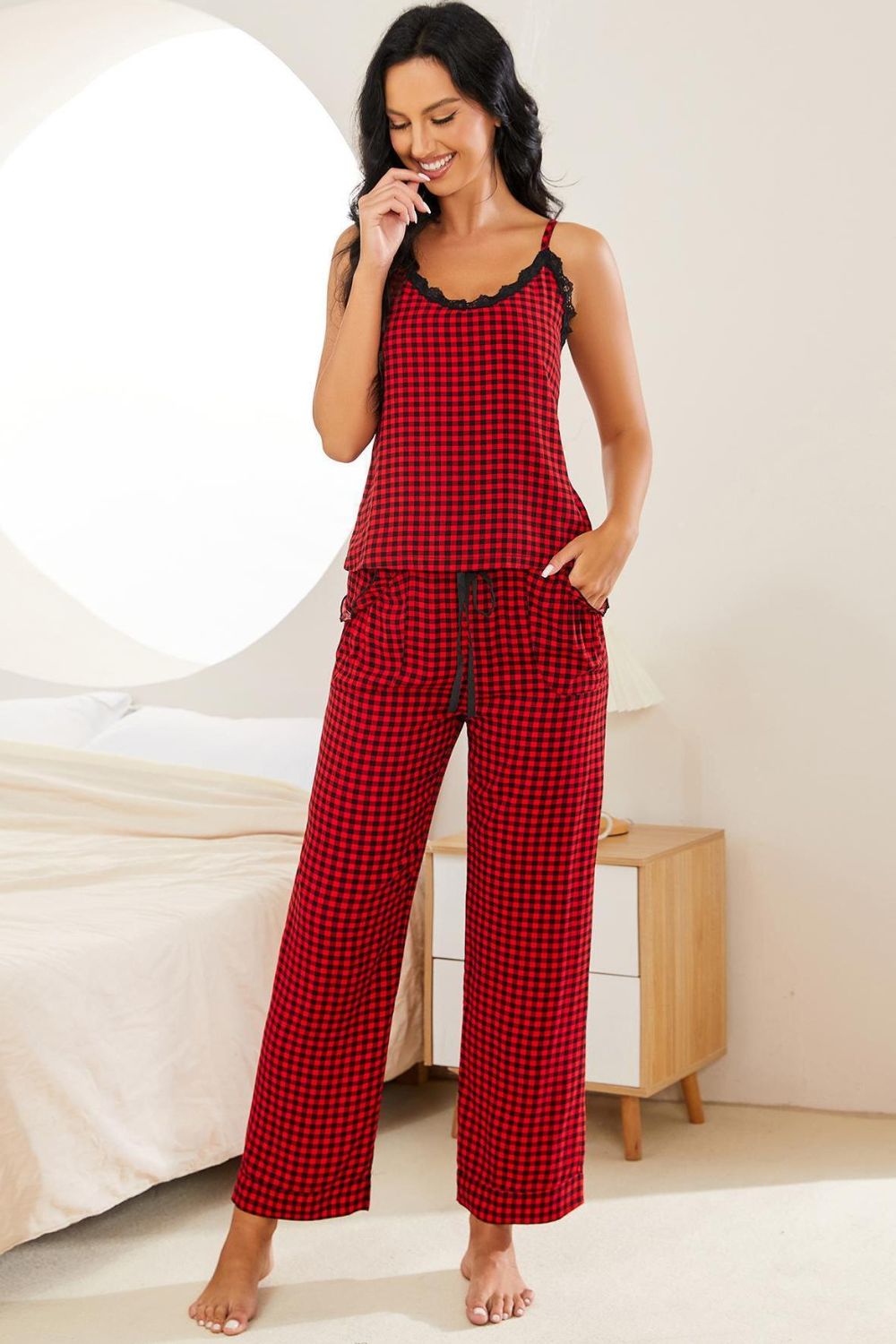 Plaid Lace Trim Cami and Drawstring Pants Pajama Set - felvior
