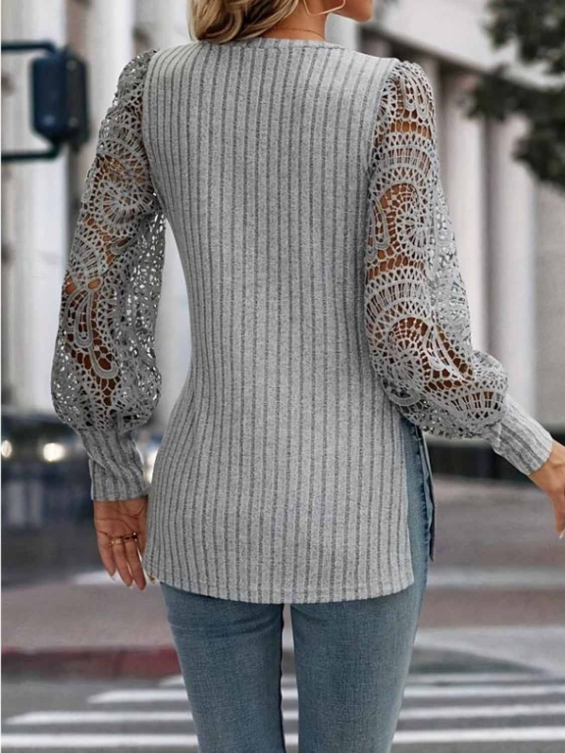 Side Slit V-Neck Lace Long Sleeve T-Shirt Secondary image