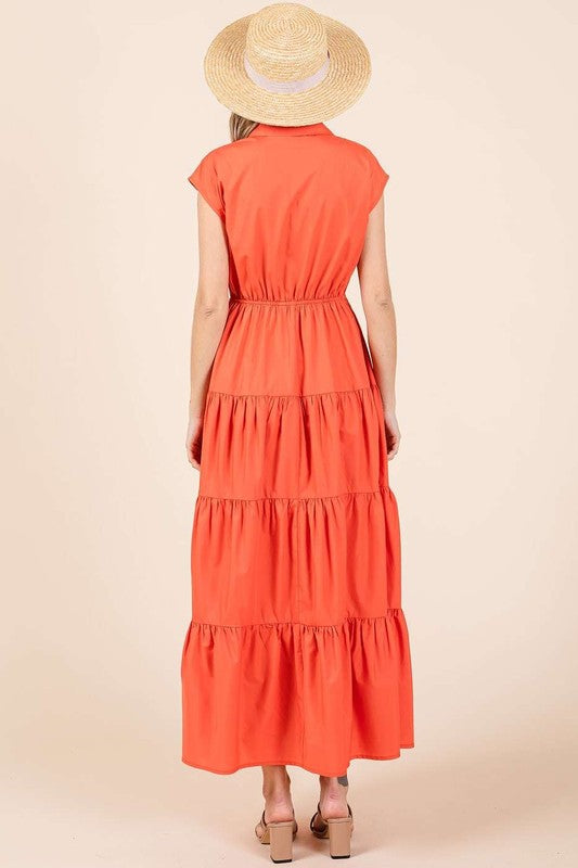 Mittoshop Button Up Collared Tiered Maxi Shirt Dress - felvior