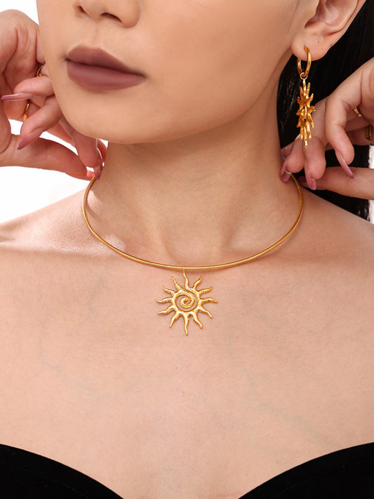 18K Gold-Plated Sun Necklace and Earrings 2 Piece Jewelry Set - felvior