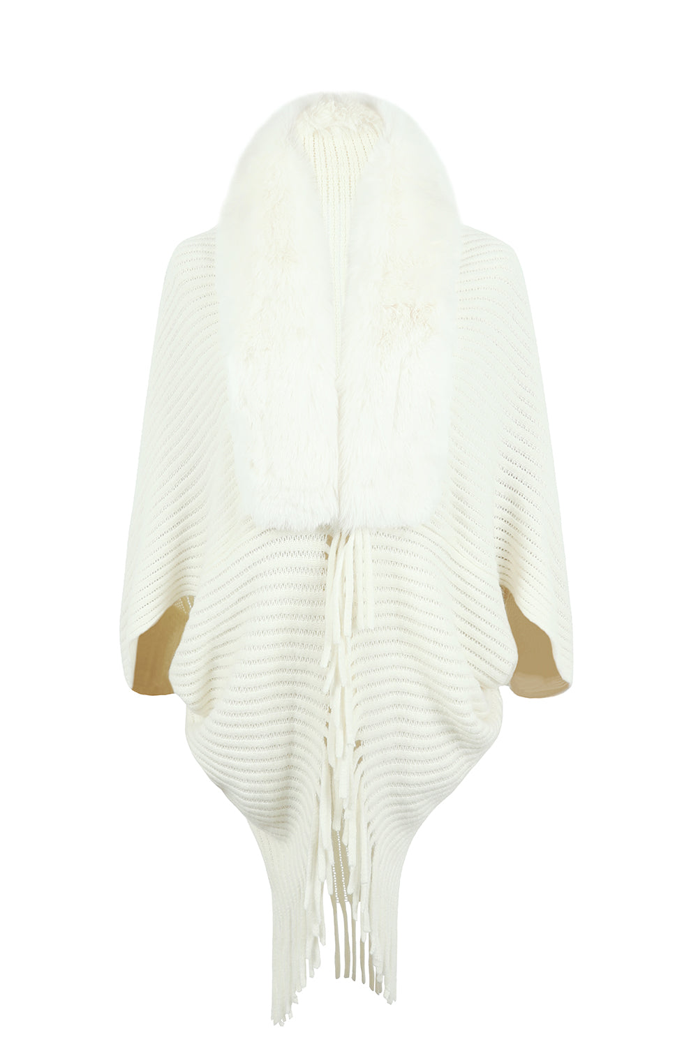 Fringe Detail Long Sleeve Ribbed Poncho - felvior