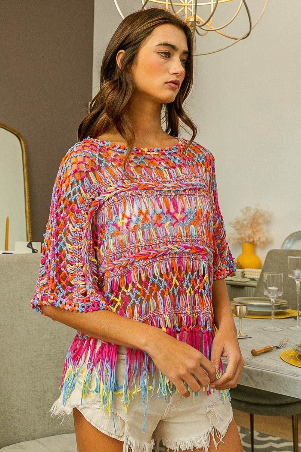 BiBi Openwork Fringed Knit Cover Up - felvior