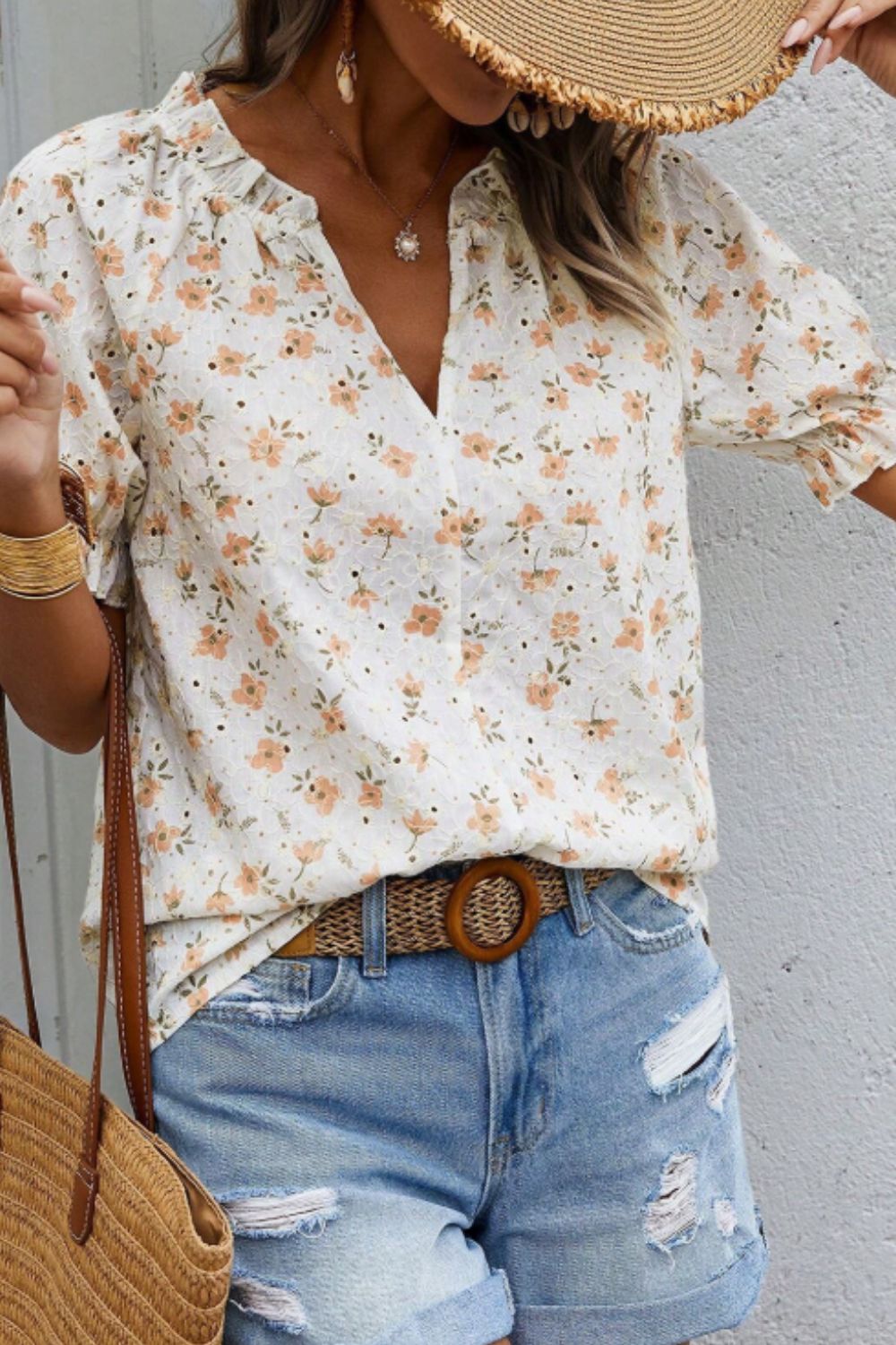 Frill Printed Notched Short Sleeve Blouse - felvior