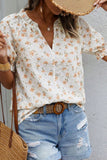 Frill Printed Notched Short Sleeve Blouse - felvior