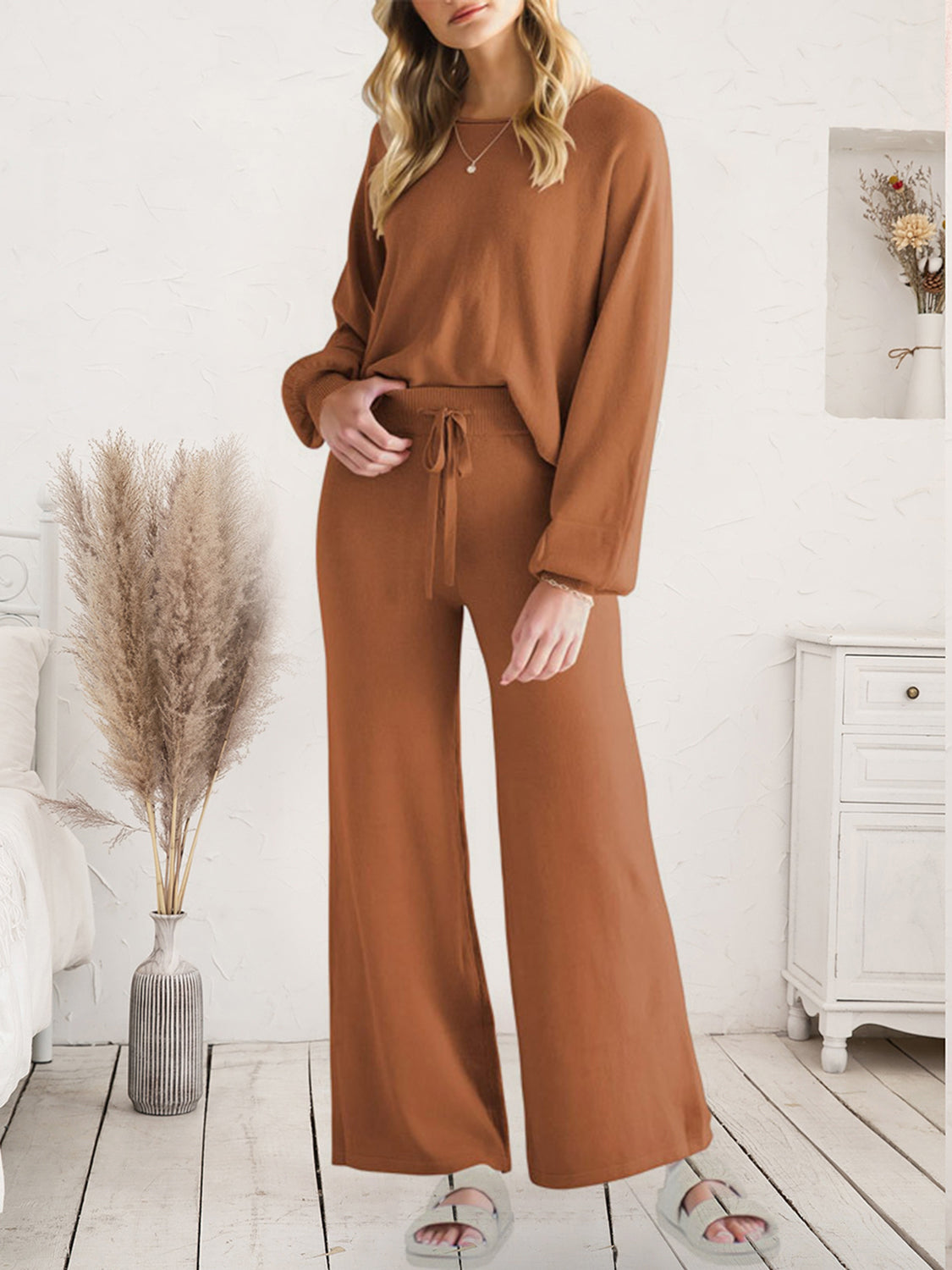 Long Sleeve Lounge Top and Drawstring Pants Set - felvior