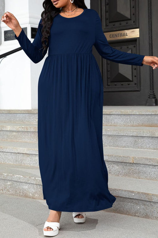 Plus Size Round Neck Long Sleeve Maxi Dress with Pockets - felvior